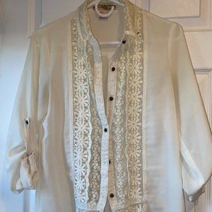 White Floral Lace Button Up Blouse
